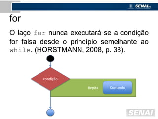 for
O laço for nunca executará se a condição
for falsa desde o princípio semelhante ao
while. (HORSTMANN, 2008, p. 38).
Repita
condição
Comando
 