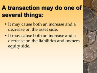 A transaction may do one of
several things:
• It may cause both an increase and a
decrease on the asset side.
• It may cause both an increase and a
decrease on the liabilities and owners'
equity side.
 