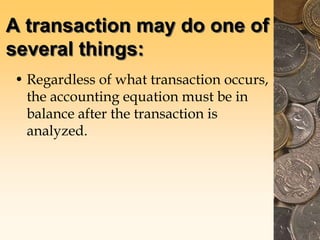 A transaction may do one of
several things:
• Regardless of what transaction occurs,
the accounting equation must be in
balance after the transaction is
analyzed.
 