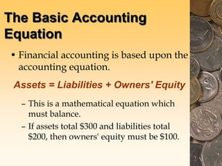 The Basic Accounting
Equation
• Financial accounting is based upon the
accounting equation.
Assets = Liabilities + Owners' Equity
– This is a mathematical equation which
must balance.
– If assets total $300 and liabilities total
$200, then owners' equity must be $100.
 