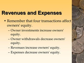 Revenues and Expenses
• Remember that four transactions affect
owners' equity.
– Owner investments increase owners'
equity.
– Owner withdrawals decrease owners'
equity.
– Revenues increase owners' equity.
– Expenses decrease owners' equity.
 