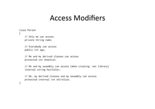 Access	
  Modiﬁers	
  
class Person
{
    // Only me can access
    private String name;

    // Everybody can access
    public int age;

    // Me and my derived classes can access
    protected int shoeSize;

    // Me and my assembly can access (when creating .net library)
    internal string hairColor;

    // Me, my derived classes and my assembly can access
    protected internal int shirtSize;
}
 