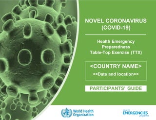 NOVEL CORONAVIRUS
(COVID-19)
Health Emergency
Preparedness
Table-Top Exercise (TTX)
PARTICIPANTS’ GUIDE
HEALTH
programme
EMERGENCIES
<COUNTRY NAME>
<<Date and location>>
 