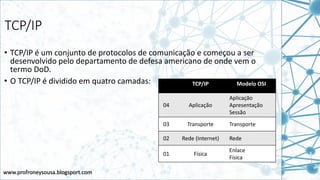 www.profroneysousa.blogsport.com
TCP/IP
• TCP/IP é um conjunto de protocolos de comunicação e começou a ser
desenvolvido pelo departamento de defesa americano de onde vem o
termo DoD.
• O TCP/IP é dividido em quatro camadas: TCP/IP Modelo OSI
04 Aplicação
Aplicação
Apresentação
Sessão
03 Transporte Transporte
02 Rede (Internet) Rede
01 Física
Enlace
Física
 