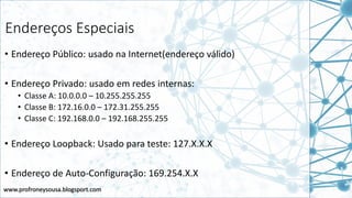 www.profroneysousa.blogsport.com
Endereços Especiais
• Endereço Público: usado na Internet(endereço válido)
• Endereço Privado: usado em redes internas:
• Classe A: 10.0.0.0 – 10.255.255.255
• Classe B: 172.16.0.0 – 172.31.255.255
• Classe C: 192.168.0.0 – 192.168.255.255
• Endereço Loopback: Usado para teste: 127.X.X.X
• Endereço de Auto-Configuração: 169.254.X.X
 