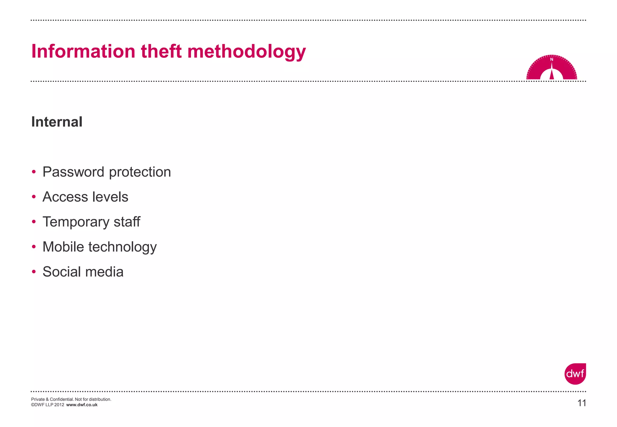 Private & Confidential. Not for distribution.
©DWF LLP 2012 www.dwf.co.uk
Internal
• Password protection
• Access levels
• Temporary staff
• Mobile technology
• Social media
11
Information theft methodology
 