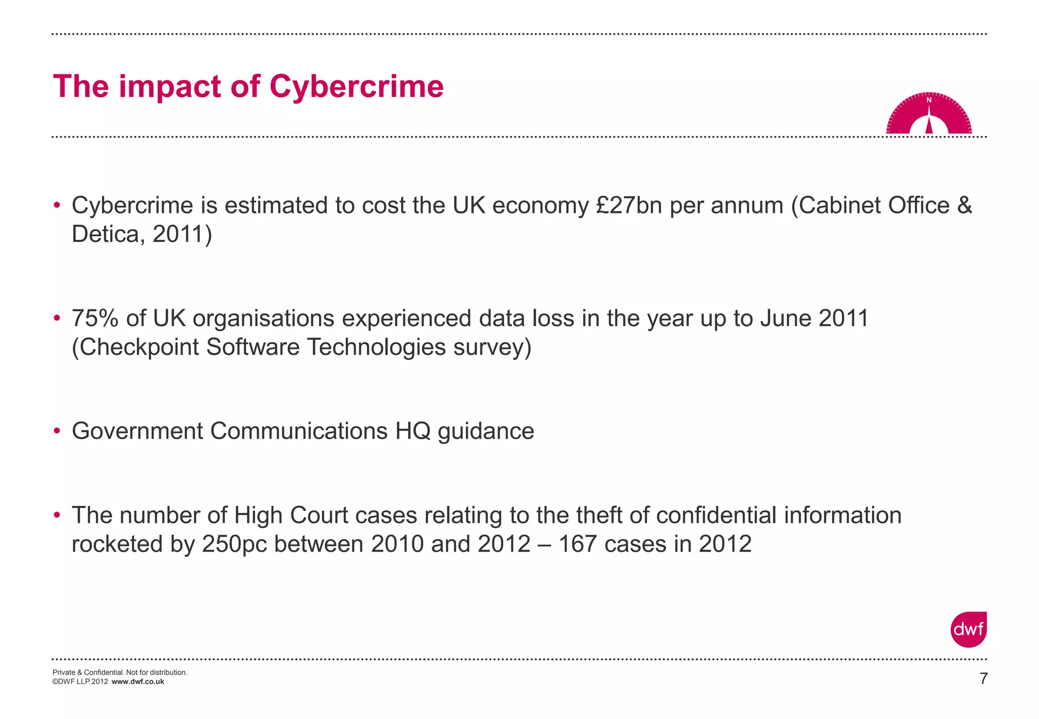 Private & Confidential. Not for distribution.
©DWF LLP 2012 www.dwf.co.uk
• Cybercrime is estimated to cost the UK economy £27bn per annum (Cabinet Office &
Detica, 2011)
• 75% of UK organisations experienced data loss in the year up to June 2011
(Checkpoint Software Technologies survey)
• Government Communications HQ guidance
• The number of High Court cases relating to the theft of confidential information
rocketed by 250pc between 2010 and 2012 – 167 cases in 2012
7
The impact of Cybercrime
 