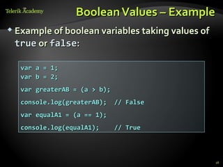 Boolean Values – Example
 Example of boolean variables taking values of

 true or false:

  var a = 1;
  var b = 2;
  var greaterAB = (a > b);
  console.log(greaterAB);    // False
  var equalA1 = (a == 1);
  console.log(equalA1);      // True



                                                  18
 