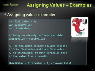 Assigning Values – Examples
 Assigning values example:

  var firstValue = 5;
  var secondValue;
  var thirdValue;

  // Using an already declared variable:
  secondValue = firstValue;

  //   The following cascade calling assigns
  //   3 to firstValue and then firstValue
  //   to thirdValue, so both variables have
  //   the value 3 as a result:

  thirdValue = firstValue = 3; // Avoid this!

                                                34
 