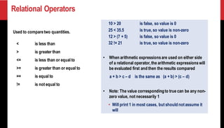 Relational Operators
Used to comparetwo quantities.
< is less than
> is greater than
<= is less than or equal to
>= is greater than or equal to
== is equal to
!= is not equal to
10 > 20 is false, so value is 0
25 < 35.5 is true, so value is non-zero
12 > (7 + 5) is false, so value is 0
32 != 21 is true, so value is non-zero
• When arithmetic expressionsare used on either side
of a relational operator,the arithmetic expressionswill
be evaluated first and then the results compared
a + b > c – d is the same as (a + b) > (c – d)
• Note: The value correspondingto true can be any non-
zero value, not necessarily 1
• Will print 1 in most cases, but should notassume it
will
 