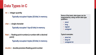 Data Types in C
int :: integer quantity
Typically occupies4 bytes (32 bits) in memory.
char :: single character
Typically occupies1 bye (8 bits) in memory.
float :: floating-pointnumber(a number with a decimal
point)
Typically occupies4 bytes (32 bits) in memory.
double:: double-precisionfloating-pointnumber
Some of the basic data types can be
augmented by using certain data type
qualifiers:
• short
• long
• signed
• unsigned
Typical examples:
• short int
• long int
• unsigned int
 