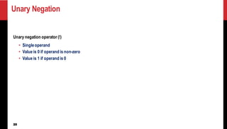20
Unary Negation
Unary negation operator (!)
• Singleoperand
• Value is 0 if operand is non-zero
• Value is 1 if operand is 0
 