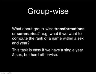 Group-wise

                       What about group-wise transformations
                       or summaries? e.g. what if...