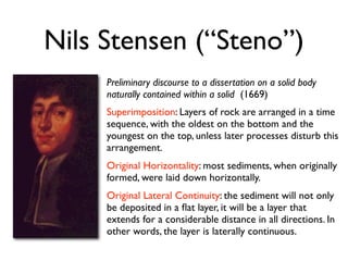 Nils Stensen (“Steno”)
     Preliminary discourse to a dissertation on a solid body
     naturally contained within a solid (1669)
     Superimposition: Layers of rock are arranged in a time
     sequence, with the oldest on the bottom and the
     youngest on the top, unless later processes disturb this
     arrangement.
     Original Horizontality: most sediments, when originally
     formed, were laid down horizontally.
     Original Lateral Continuity: the sediment will not only
     be deposited in a ﬂat layer, it will be a layer that
     extends for a considerable distance in all directions. In
     other words, the layer is laterally continuous.
 
