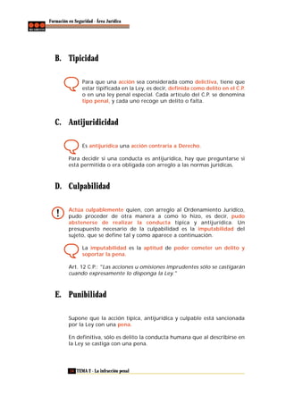 Formación en Seguridad - Área Jurídica

B. Tipicidad
Para que una acción sea considerada como delictiva, tiene que
estar tipificada en la Ley, es decir, definida como delito en el C.P.
o en una ley penal especial. Cada artículo del C.P. se denomina
tipo penal, y cada uno recoge un delito o falta.

C. Antijuridicidad
Es antijurídica una acción contraria a Derecho.
Para decidir si una conducta es antijurídica, hay que preguntarse si
está permitida o era obligada con arreglo a las normas jurídicas.

D. Culpabilidad
Actúa culpablemente quien, con arreglo al Ordenamiento Jurídico,
pudo proceder de otra manera a como lo hizo, es decir, pudo
abstenerse de realizar la conducta típica y antijurídica. Un
presupuesto necesario de la culpabilidad es la imputabilidad del
sujeto, que se define tal y como aparece a continuación.
La imputabilidad es la aptitud de poder cometer un delito y
soportar la pena.
Art. 12 C.P.: "Las acciones u omisiones imprudentes sólo se castigarán
cuando expresamente lo disponga la Ley."

E. Punibilidad
Supone que la acción típica, antijurídica y culpable está sancionada
por la Ley con una pena.
En definitiva, sólo es delito la conducta humana que al describirse en
la Ley se castiga con una pena.

14 TEMA 2 - La infracción penal

 