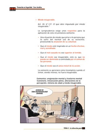 Formación en Seguridad - Área Jurídica

• Miedo insuperable.
Art. 20. 6º C.P.: El que obre impulsado por miedo
insuperable."
La Jurisprudencia exige unos requisitos para la
aplicación de esta circunstancia eximente:
• Una situación de miedo que prive a la persona que
lo sufre del normal uso de su raciocinio,
provocando la anulación de su voluntad.
• Que el miedo esté inspirado en un hecho efectivo,
real y acreditado.
• Que el mal causado no sea superior al temido.
• Que el miedo sea insuperable, esto es, que no
pueda ser dominado o controlado por el común de
las personas.
• Que el miedo sea el único móvil de la acción.
La eximente se apreciará como incompleta cuando el
temor, siendo intenso, no fuera insuperable.
Eximentes: enajenación mental y trastorno mental
transitorio, intoxicación plena, alteraciones de la
percepción, minoría de edad y miedo insuperable.

TEMA 2 - La infracción penal 25

 