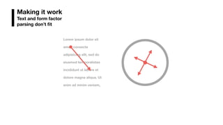 Lorem ipsum dolor sit
amet, consecte
adipisicing elit, sed do
eiusmod temporalistas
incididunt ut labore et
dolore magna aliqua. Ut
enim ad minim veniam,
Making it work
Text and form factor
parsing don’t ﬁt
 