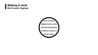 amet, consecte
adipisicing elit, sed do
eiusmod temporalistas
incididunt ut labore et
dolore magna
Making it work
Don’t scroll. Paginate
 