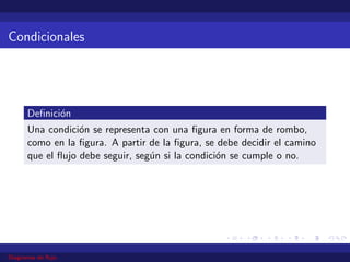 Condicionales
Definición
Una condición se representa con una figura en forma de rombo,
como en la figura. A partir de la figura, se debe decidir el camino
que el flujo debe seguir, según si la condición se cumple o no.
Diagramas de flujo
 