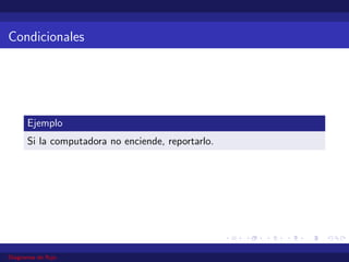 Condicionales
Ejemplo
Si la computadora no enciende, reportarlo.
Diagramas de flujo
 