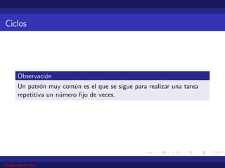 Ciclos
Observación
Un patrón muy común es el que se sigue para realizar una tarea
repetitiva un número fijo de veces.
Diagramas de flujo
 