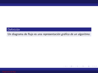 Definición
Un diagrama de flujo es una representación gráfica de un algoritmo.
Diagramas de flujo
 