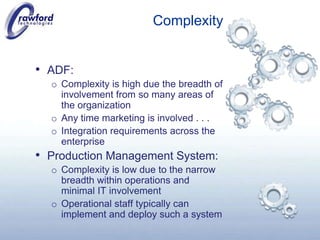 CostsADF:Expect larger up front costsExpect large vendor integration invoicesExpect large costs related to the integration across functional areas and systemSoftware upgradesInternal IT staff costs and charge backsOther system upgrades and costsProduction Management System:Much smaller up front costsSmall to no vendor integration costsLittle to No cross functional integration costs as it is all “within Operations”