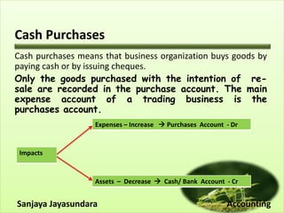 Cash Purchases
Cash purchases means that business organization buys goods by
paying cash or by issuing cheques.
Only the goods purchased with the intention of re-
sale are recorded in the purchase account. The main
expense account of a trading business is the
purchases account.
Sanjaya Jayasundara Accounting
Impacts
Assets – Decrease  Cash/ Bank Account - Cr
Expenses – Increase  Purchases Account - Dr
 