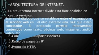 ARQUITECTURA DE INTERNET.
La arquitectura Internet divide esta funcionalidad en
cuatro servicios:
1.Traducción de nombre de dominio a dirección IP
(DNS.)
2.Conexión y Transporte (socket.)
3.Ruteo de paquetes IP.
4.Protocolo HTTP.
Este es el diálogo que se establece entre el navegador y
el servidor web en el otro extremo una vez que están
conectados. El protocolo permite intercambiar
contenidos como texto, páginas web, imágenes, audio,
video, etc.
 