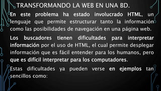 TRANSFORMANDO LA WEB EN UNA BD.
En este problema ha estado involucrado HTML, un
lenguaje que permite estructurar tanto la información
como las posibilidades de navegación en una página web.
Los buscadores tienen dificultades para interpretar
información por el uso de HTML, el cual permite desplegar
información que es fácil entender para los humanos, pero
que es difícil interpretar para los computadores.
Estas dificultades ya pueden verse en ejemplos tan
sencillos como:
 
