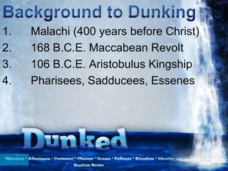 1. Malachi (400 years before Christ)
2. 168 B.C.E. Maccabean Revolt
3. 106 B.C.E. Aristobulus Kingship
4. Pharisees, Sadducees, Essenes
 