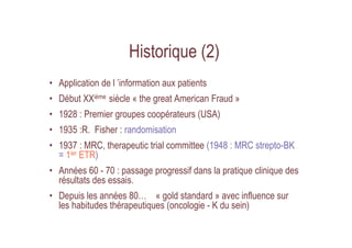 Historique (2)
• Application de l ’information aux patients
• Début XXième siècle « the great American Fraud »
• 1928 : Pr...