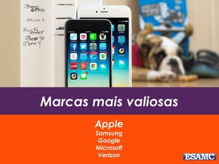 Marcas mais valiosas
Apple
Samsung
Google
Microsoft
Verizon
 