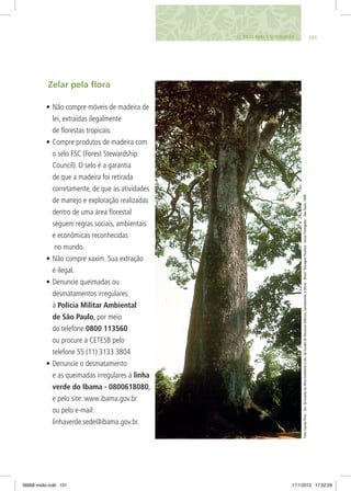 Zelar pela flora
•	Não compre móveis de madeira de
lei, extraídas ilegalmente
de florestas tropicais.
•	Compre produtos de madeira com
o selo FSC (Forest Stewardship
Council). O selo é a garantia
de que a madeira foi retirada
corretamente, de que as atividades
de manejo e exploração realizadas
dentro de uma área florestal
seguem regras sociais, ambientais
e econômicas reconhecidas
no mundo.
•	Não compre xaxim. Sua extração
é ilegal.
•	Denuncie queimadas ou
desmatamentos irregulares
à Polícia Militar Ambiental
de São Paulo, por meio
do telefone 0800 113560
ou procure a CETESB pelo
telefone 55 (11) 3133 3804
•	Denuncie o desmatamento
e as queimadas irregulares à linha
verde do Ibama - 0800618080,
e pelo site: www.ibama.gov.br
ou pelo e-mail:
linhaverde.sede@ibama.gov.br.
10111. DICAS PARA O ECOCIDADÃO
Foto:FaustoPires-Sec.deEstadodoMeioAmbienteeSec.deEstadodeRecursosHídricos,SaneamentoeObras-Brasil-PaisagemPaulista-ÁreasProtegidas-SãoPaulo,1999
06868 miolo.indd 101 17/1/2012 17:52:09
 