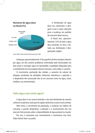 313. A Água Nossa de Cada Dia
A distribuição da água
doce nos continentes é desi-
gual e essa é razão suficiente
para a mudança nos padrões
de consumo deste recurso.
O Brasil tem, aproxima-
damente, 12% de toda a água
doce existente na Terra. Con-
tudo, sua distribuição é desi-
gual pelas regiões.
Ainda que,aproximadamente,¾ da superfície daTerra estejam cobertos
por água, um dos maiores problemas enfrentados pela humanidade nos
dias atuais é conseguir água em quantidade e qualidade adequadas para
o atendimento de necessidades básicas humanas, como beber e cozinhar.
O crescimento acentuado das cidades, o aumento do volume de
despejos resultantes de atividades industriais, domésticas e agrícolas e
o desperdício têm provocado não só um consumo maior de água, como,
também, sua contaminação.
Falta água com tanta água?
A água doce é um recurso limitado e não está distribuída de maneira
uniforme no planeta,tanto que há regiões desérticas e outras muito úmidas.
Além disso, o crescimento da população, a mudança nos hábitos de
consumo, o grande desperdício, a poluição e o assoreamento dos rios
exercem forte pressão sobre a disponibilidade de água potável no mundo.
Por isso, é necessário usar racionalmente e economizar esse bem.
Todos devem fazer sua parte.
Fonte: SMA/ Caderno Ambiental Guarapiranga, 2008
Números da água doce
no Brasil (%)
06868 miolo.indd 31 17/1/2012 17:51:46
 