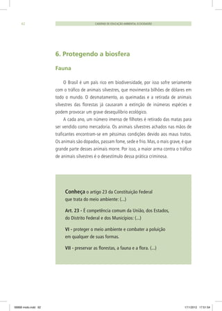 6. Protegendo a biosfera
Fauna
O Brasil é um país rico em biodiversidade, por isso sofre seriamente
com o tráfico de animais silvestres, que movimenta bilhões de dólares em
todo o mundo. O desmatamento, as queimadas e a retirada de animais
silvestres das florestas já causaram a extinção de inúmeras espécies e
podem provocar um grave desequilíbrio ecológico.
A cada ano, um número imenso de filhotes é retirado das matas para
ser vendido como mercadoria. Os animais silvestres achados nas mãos de
traficantes encontram-se em péssimas condições devido aos maus tratos.
Os animais são dopados, passam fome, sede e frio. Mas, o mais grave, é que
grande parte desses animais morre. Por isso, a maior arma contra o tráfico
de animais silvestres é o desestímulo dessa prática criminosa.
Conheça o artigo 23 da Constituição Federal
que trata do meio ambiente: (...)
Art. 23 - É competência comum da União, dos Estados,
do Distrito Federal e dos Municípios: (...)
VI - proteger o meio ambiente e combater a poluição
em qualquer de suas formas.
VII - preservar as florestas, a fauna e a flora. (...)
CADERNO DE EDUCAÇÃO AMBIENTAL ECOCIDADÃO62
06868 miolo.indd 62 17/1/2012 17:51:54
 