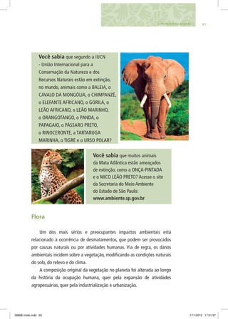Você sabia que segundo a IUCN
- União Internacional para a
Conservação da Natureza e dos
Recursos Naturais estão em extinção,
no mundo, animais como a BALEIA, o
CAVALO DA MONGÓLIA, o CHIMPANZÉ,
o ELEFANTE AFRICANO, o GORILA, o
LEÃO AFRICANO, o LEÃO MARINHO,
o ORANGOTANGO, o PANDA, o
PAPAGAIO, o PÁSSARO PRETO,
o RINOCERONTE, a TARTARUGA
MARINHA, o TIGRE e o URSO POLAR?
Você sabia que muitos animais
da Mata Atlântica estão ameaçados
de extinção, como a ONÇA-PINTADA
e o MICO LEÃO PRETO? Acesse o site
da Secretaria do Meio Ambiente
do Estado de São Paulo:
www.ambiente.sp.gov.br
Flora
Um dos mais sérios e preocupantes impactos ambientais está
relacionado à ocorrência de desmatamentos, que podem ser provocados
por causas naturais ou por atividades humanas. Via de regra, os danos
ambientais incidem sobre a vegetação, modificando as condições naturais
do solo, do relevo e do clima.
A composição original da vegetação no planeta foi alterada ao longo
da história da ocupação humana, quer pela expansão de atividades
agropecuárias, quer pela industrialização e urbanização.
656. PROTEGENDO A BIOSFERA
06868 miolo.indd 65 17/1/2012 17:51:57
 