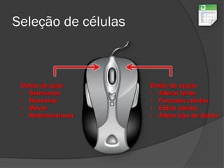 Seleção de células
Botão de ação
• Selecionar
• Desenhar
• Mover
• Redimensionar
Botão de opção
• Alterar fonte
• Formatar células
• Editar estilos
• Altear tipo de dados
 