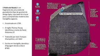 A Pedra de Roseta é um
fragmento de uma estela de
granodiorito (tipo de granito) do
Antigo Egito, cujo texto foi crucial
para a compreensão moderna dos
hieróglifos egípcios.
• Encontrada em 1799.
• O inglês Thomas Young
identificou o nome do faraó
Ptolomeu 5º
• Traduzido por Jean-François
Champollion, em 1822
• Escrita em hieróglifo, demótico
(linguagem do dia a dia) e
grego.
 