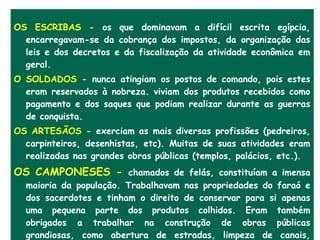 OS ESCRIBAS - os que dominavam a difícil escrita egípcia,
  encarregavam-se da cobrança dos impostos, da organização das
  leis e dos decretos e da fiscalização da atividade econômica em
  geral.
O SOLDADOS - nunca atingiam os postos de comando, pois estes
  eram reservados à nobreza. viviam dos produtos recebidos como
  pagamento e dos saques que podiam realizar durante as guerras
  de conquista.
OS ARTESÃOS - exerciam as mais diversas profissões (pedreiros,
  carpinteiros, desenhistas, etc). Muitas de suas atividades eram
  realizadas nas grandes obras públicas (templos, palácios, etc.).
OS CAMPONESES - chamados de felás, constituíam a imensa
  maioria da população. Trabalhavam nas propriedades do faraó e
  dos sacerdotes e tinham o direito de conservar para si apenas
  uma pequena parte dos produtos colhidos. Eram também
  obrigados a trabalhar na construção de obras públicas
  grandiosas, como abertura de estradas, limpeza de canais,
 