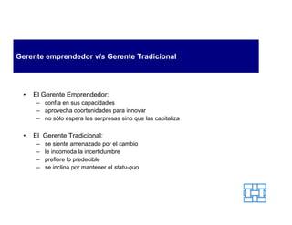Gerente emprendedor v/s Gerente Tradicional




 •   El Gerente Emprendedor:
      – confía en sus capacidades
      – aprovecha oportunidades para innovar
      – no sólo espera las sorpresas sino que las capitaliza

 •   El Gerente Tradicional:
      –   se siente amenazado por el cambio
      –   le incomoda la incertidumbre
      –   prefiere lo predecible
      –   se inclina por mantener el statu-quo
 