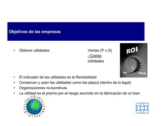 Objetivos de las empresas



  •   Obtener utilidades:                       Ventas (P x Q)
                                                - Costos
                                                Utilidades



  •   El indicador de las utilidades es la Rentabilidad
  •   Conservan y usan las utilidades como les plazca (dentro de lo legal)
  •   Organizaciones no-lucrativas
  •   La utilidad es el premio por el riesgo asumido en la fabricación de un bien
 