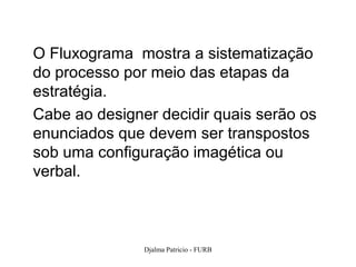 O Fluxograma mostra a sistematização
do processo por meio das etapas da
estratégia.
Cabe ao designer decidir quais serão os
enunciados que devem ser transpostos
sob uma configuração imagética ou
verbal.



               Djalma Patricio - FURB     112
 