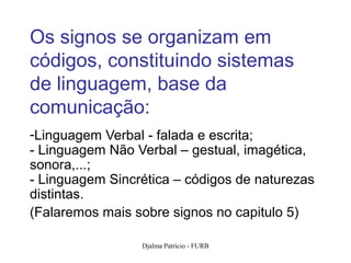Os signos se organizam em
códigos, constituindo sistemas
de linguagem, base da
comunicação:
-Linguagem Verbal - falada e escrita;
- Linguagem Não Verbal – gestual, imagética,
sonora,...;
- Linguagem Sincrética – códigos de naturezas
distintas.
(Falaremos mais sobre signos no capitulo 5)

                 Djalma Patricio - FURB         45
 