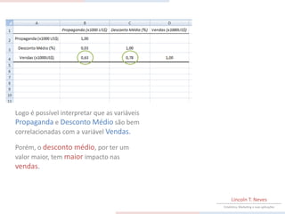 Logo é possível interpretar que as variáveis
Propaganda e Desconto Médio são bem
correlacionadas com a variável Vendas.

Porém, o desconto médio, por ter um
valor maior, tem maior impacto nas
vendas.



                                                    Lincoln T. Neves
                                               Estatística, Marketing e suas aplicações
 