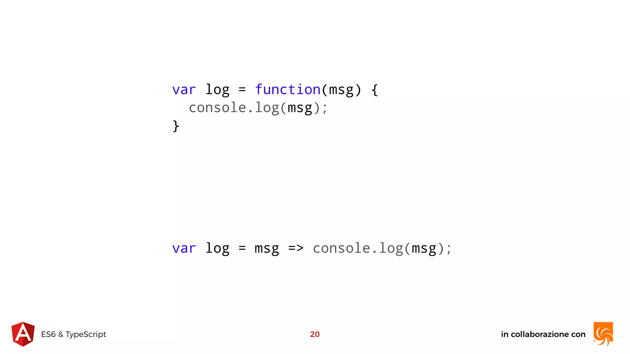 in collaborazione conES6 & TypeScript 20 var log = function(msg) { console.log(msg); } var log = msg => console.log(msg); 