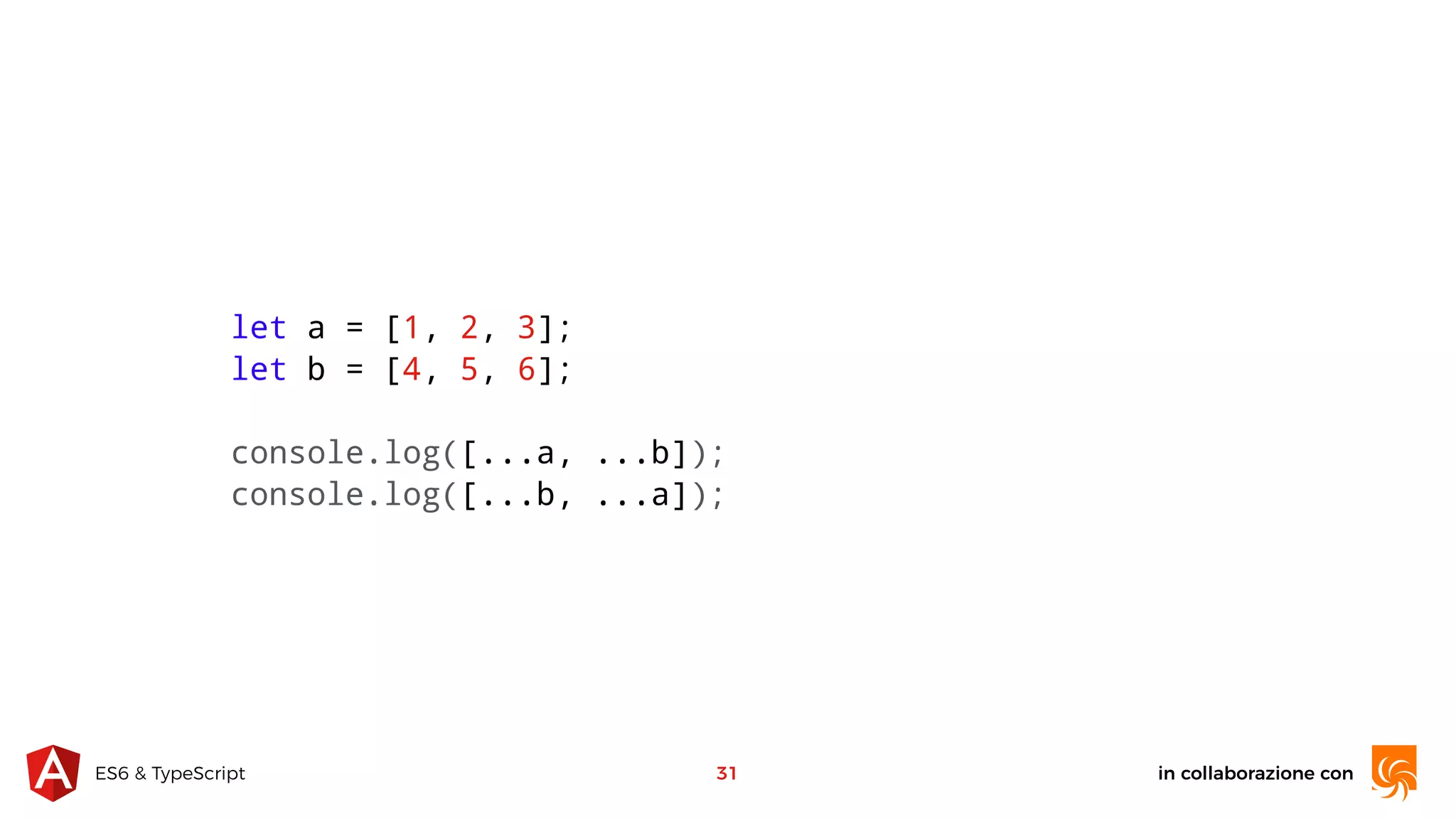in collaborazione conES6 & TypeScript 31 let a = [1, 2, 3]; let b = [4, 5, 6]; console.log([...a, ...b]); console.log([...b, ...a]); 