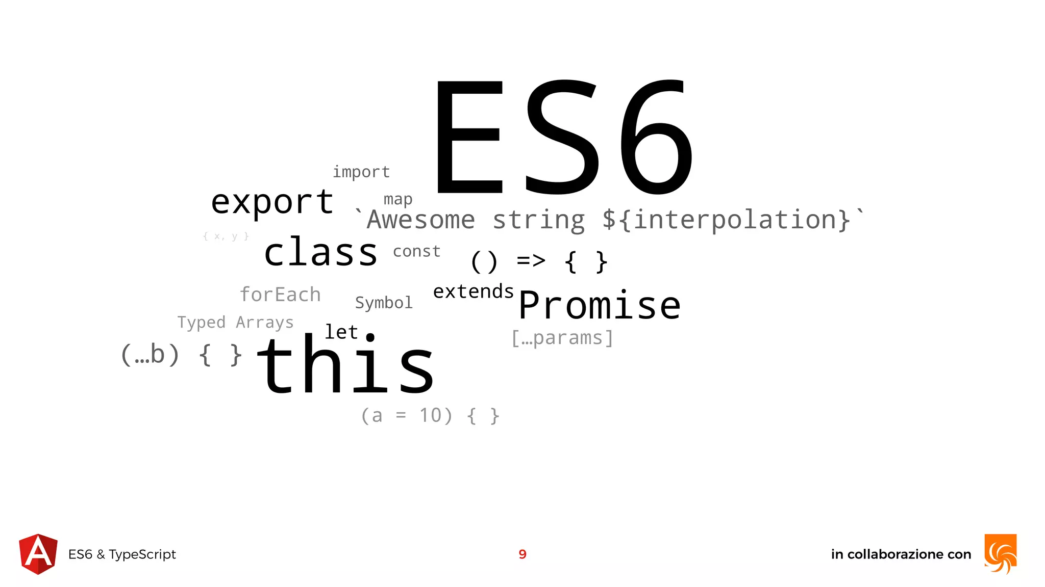 in collaborazione conES6 & TypeScript this class let const () => { } map forEach (a = 10) { } […params] `Awesome string ${interpolation}`{ x, y } export import extends Symbol Typed Arrays Promise ES6 (…b) { } 9 