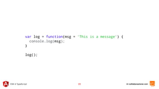 in collaborazione conES6 & TypeScript 23
var log = function(msg = 'This is a message') {
console.log(msg);
}
log();
 