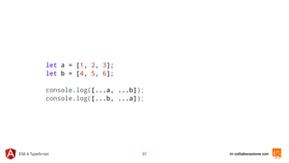 in collaborazione conES6 & TypeScript 31
let a = [1, 2, 3];
let b = [4, 5, 6];
console.log([...a, ...b]);
console.log([...b, ...a]);
 